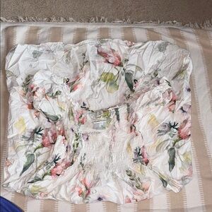 H&M Pink and Orange Floral Ruched White Smocked Midi Dress